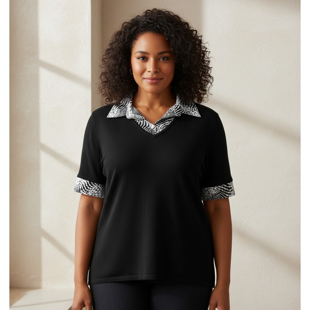 Croft Barrow 2X Sweater Black White Top Animal Preppy Career Casual Office Chic‎